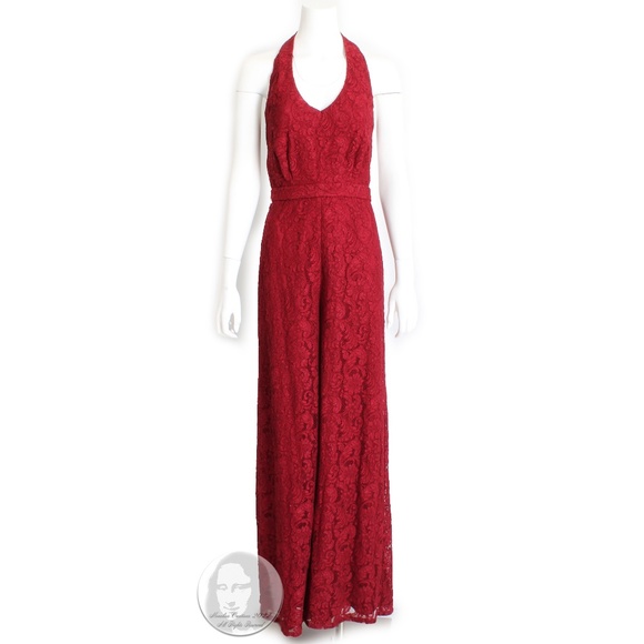 Halter Jumpsuit Wide Leg Pants Red Lace with Belt by Pamella Roland Size 8 - Picture 1 of 10